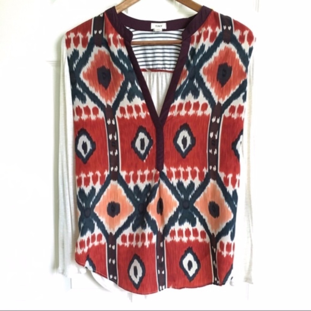 Tiny // Red, Orange Ikat Printed Popover Top Size small z26